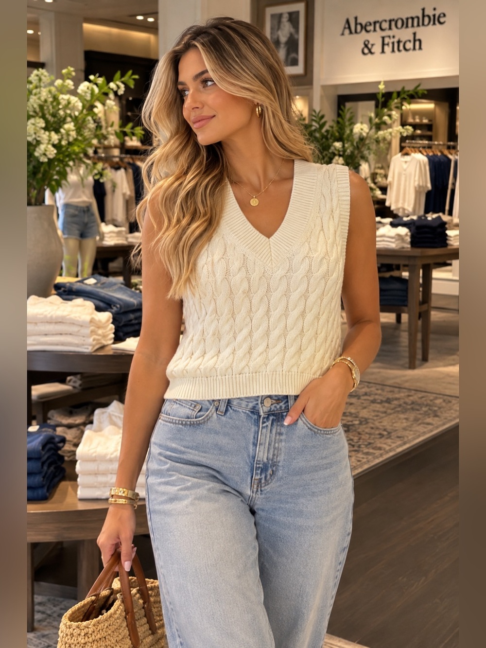 Abercrombie & Fitch White Cable Knit V-Neck Sweater Vest